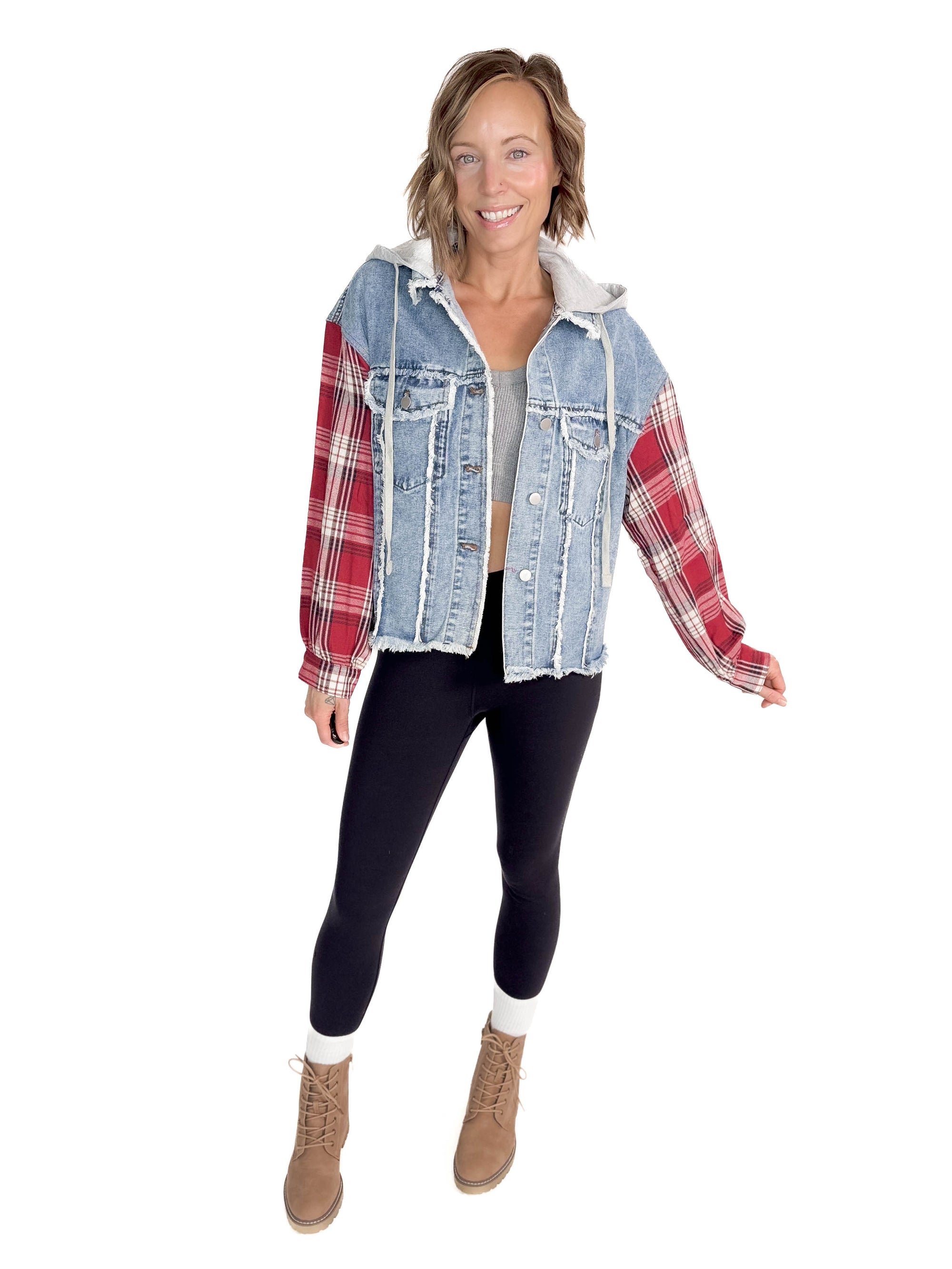 Angela Plaid Sleeve Hooded Denim Jacket