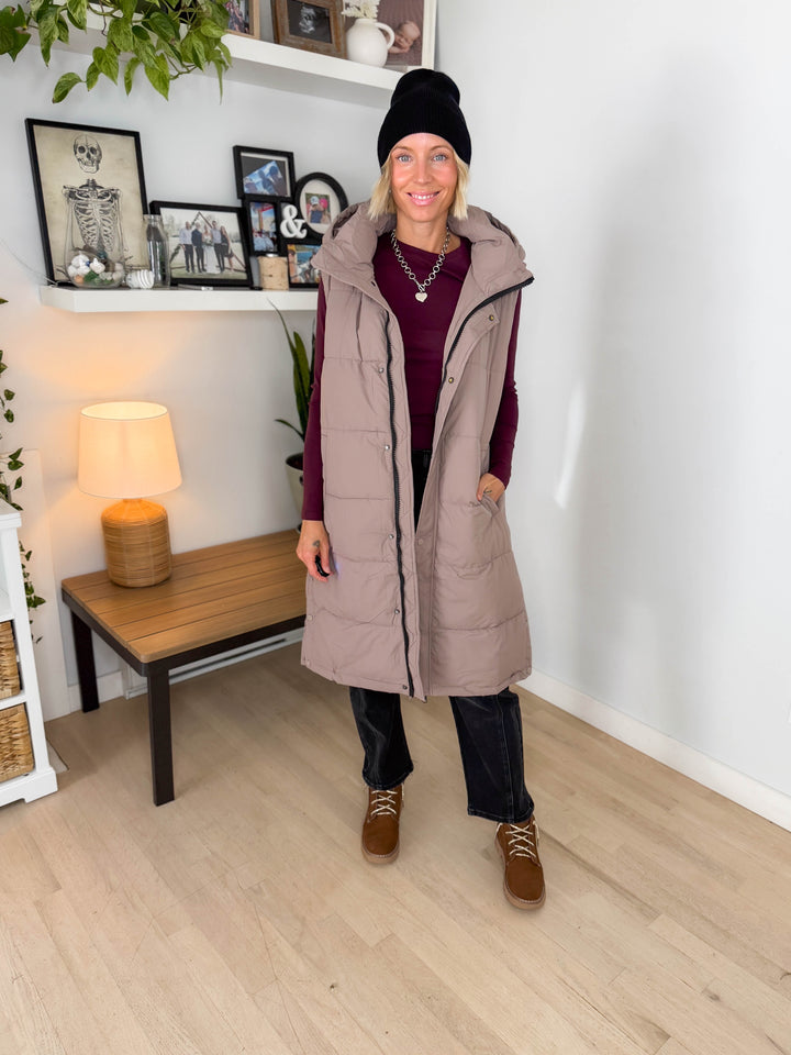 Twilight Long Line Quilted Puffer Vest- LATTE