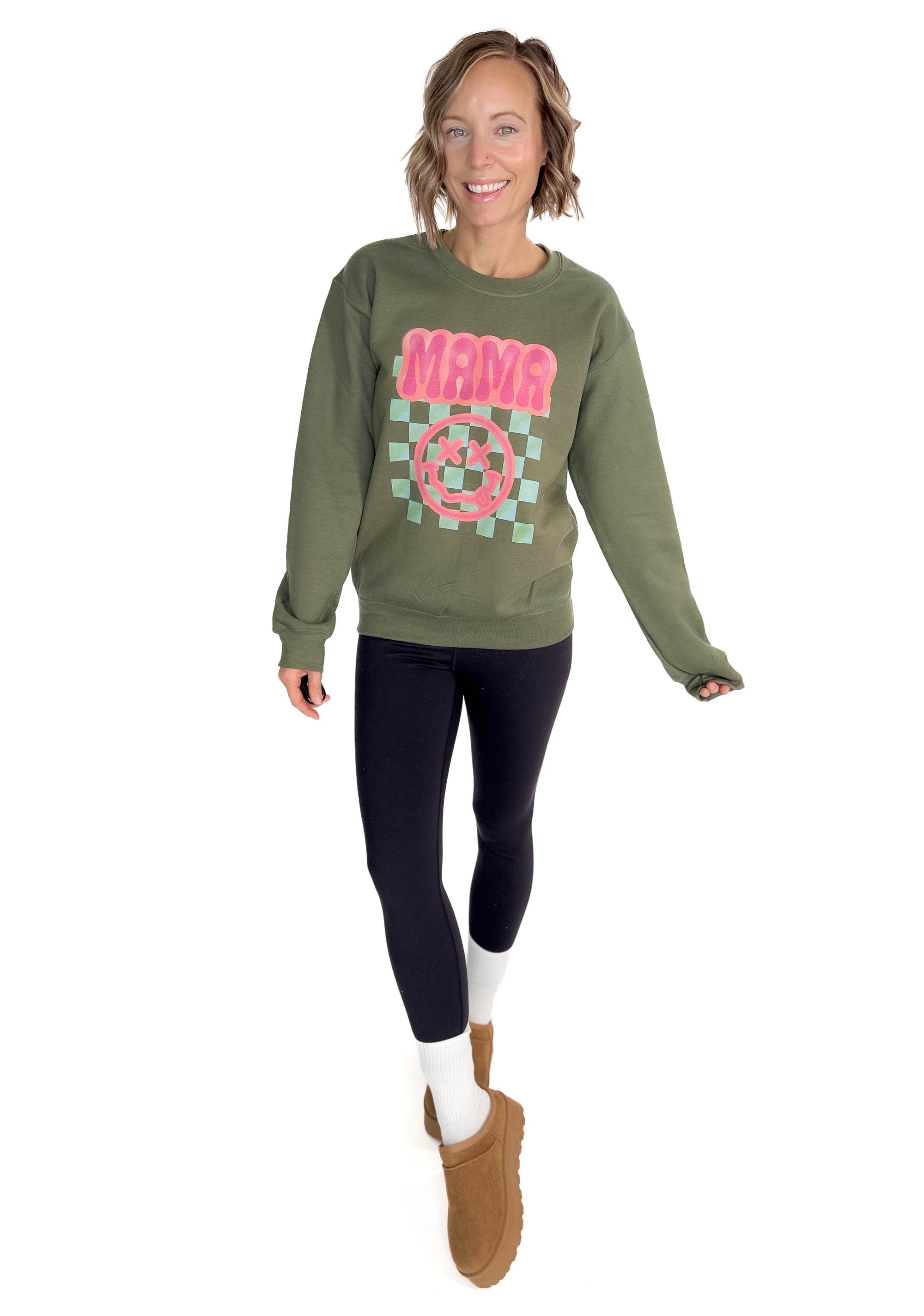 Mama Neon Smiley Crewneck- ARMY GREEN