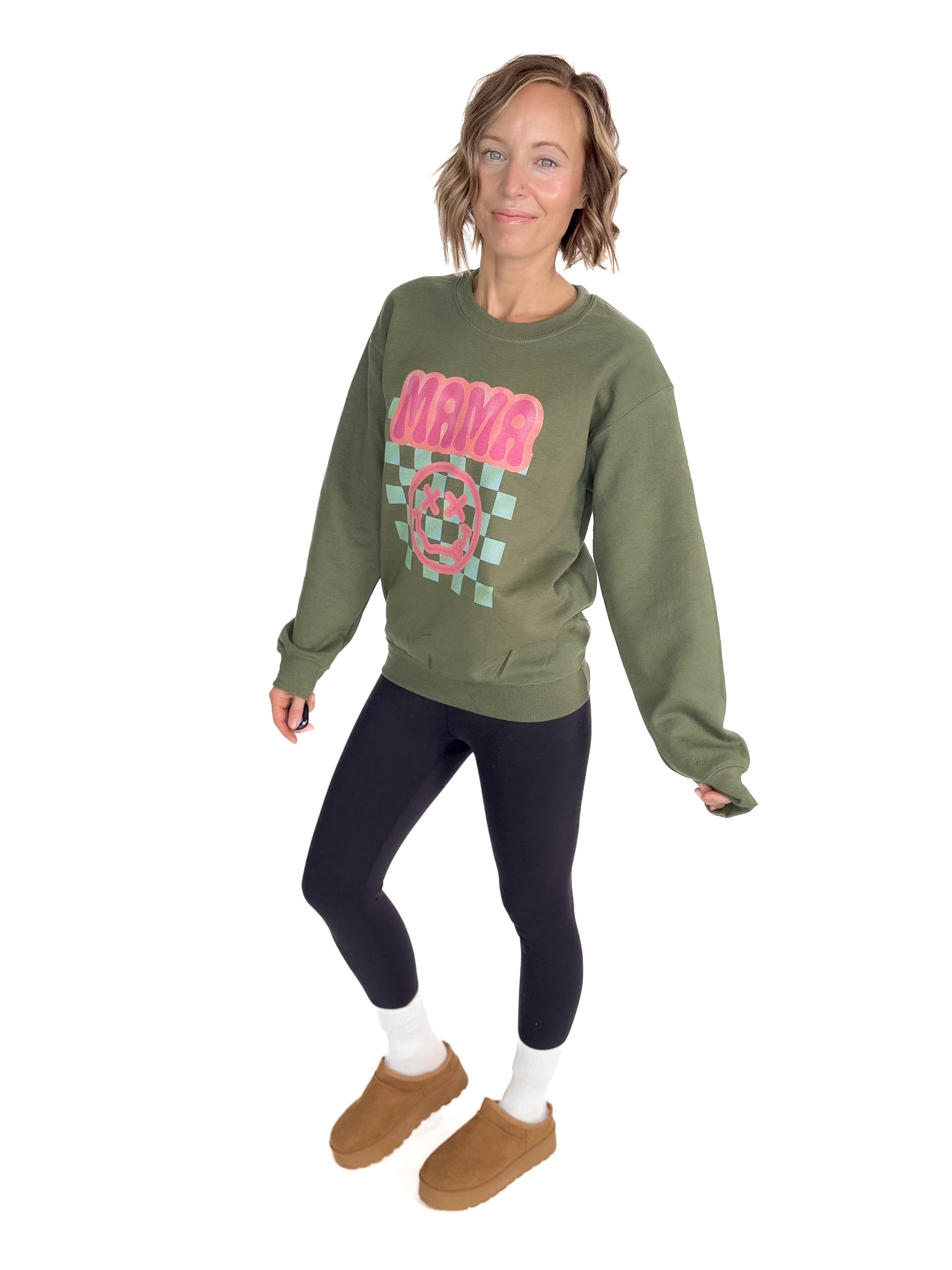 Mama Neon Smiley Crewneck- ARMY GREEN