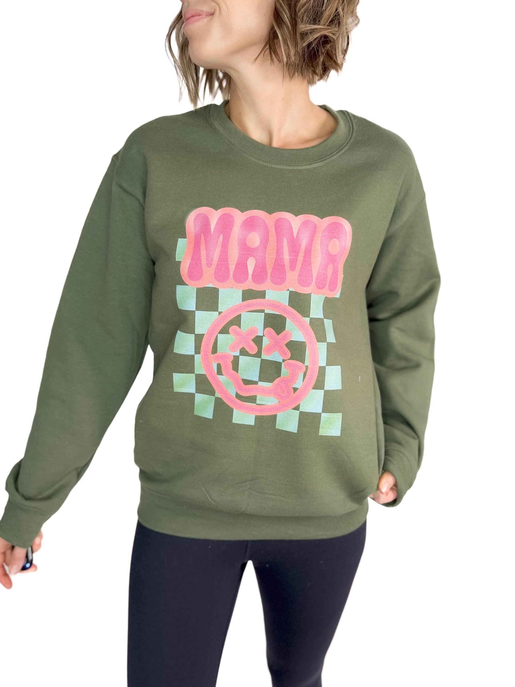 Mama Neon Smiley Crewneck- ARMY GREEN