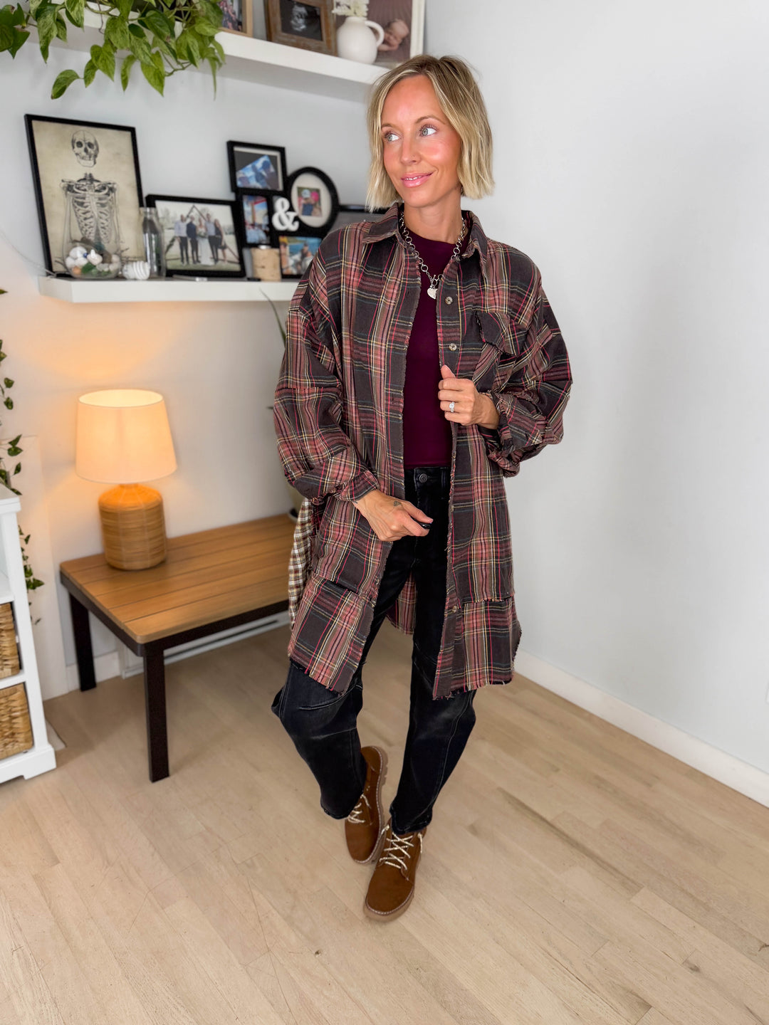 Bonfire Oversized Long Line Washed Plaid Shacket- ASH