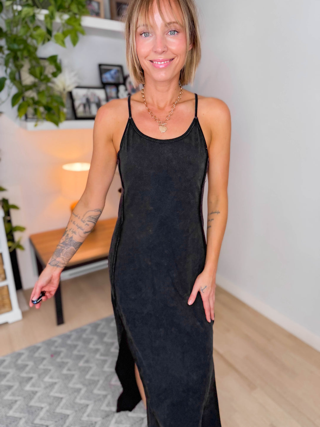 Catalina Mineral Washed Contrast Side Panel Maxi Dress- ASH BLACK