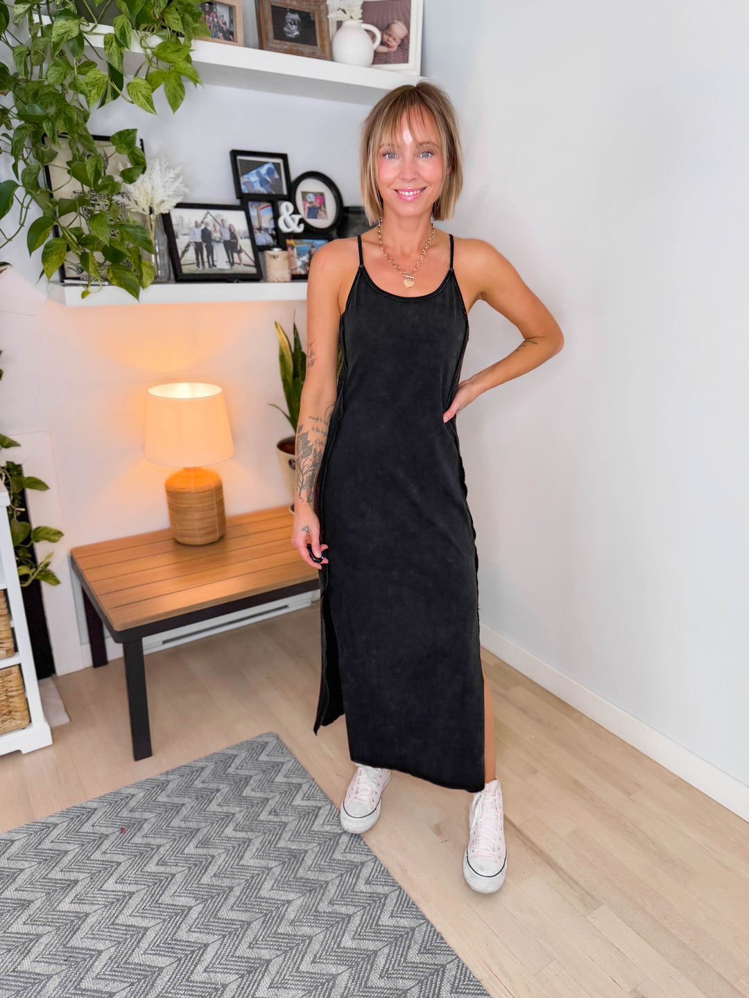 Catalina Mineral Washed Contrast Side Panel Maxi Dress- ASH BLACK