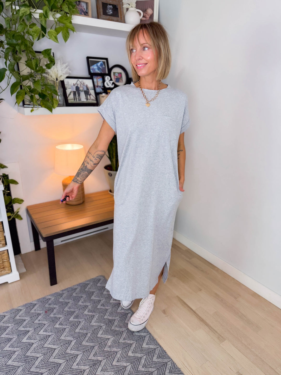 Yara Stretch Cotton Midi Dress- HEATHER GREY