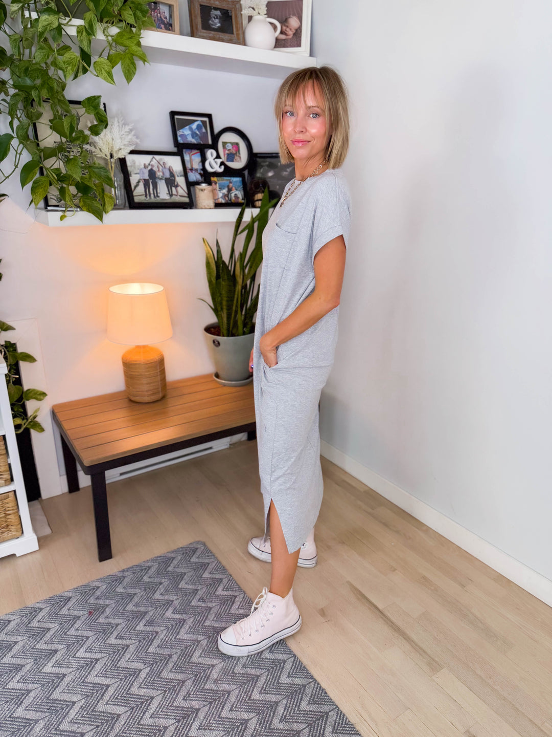 Yara Stretch Cotton Midi Dress- HEATHER GREY