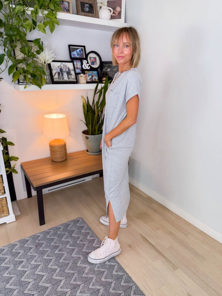 Yara Stretch Cotton Midi Dress- HEATHER GREY