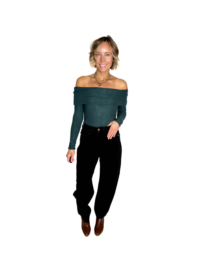 Cleo Off Shoulder Long Sleeve Bodysuit- GREEN