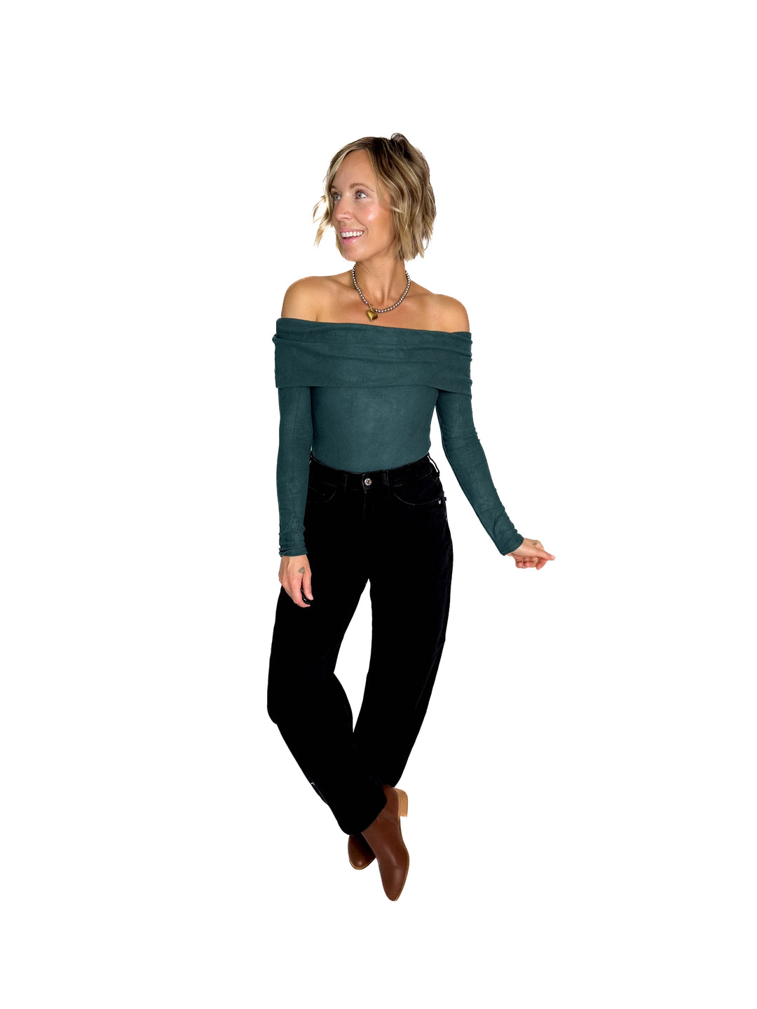 Cleo Off Shoulder Long Sleeve Bodysuit- GREEN