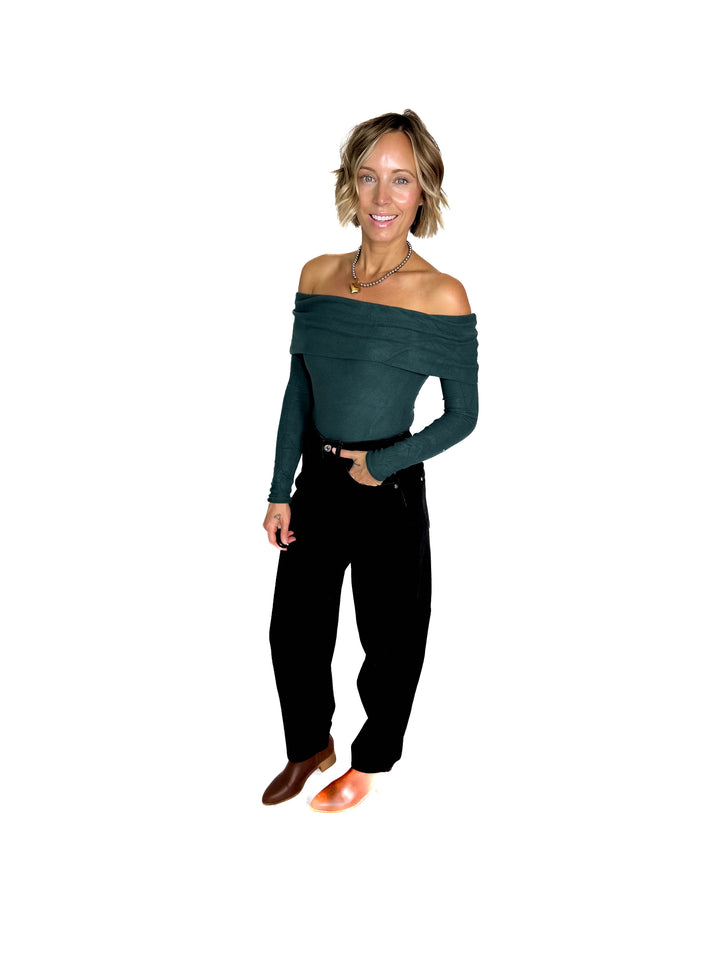 Cleo Off Shoulder Long Sleeve Bodysuit- GREEN