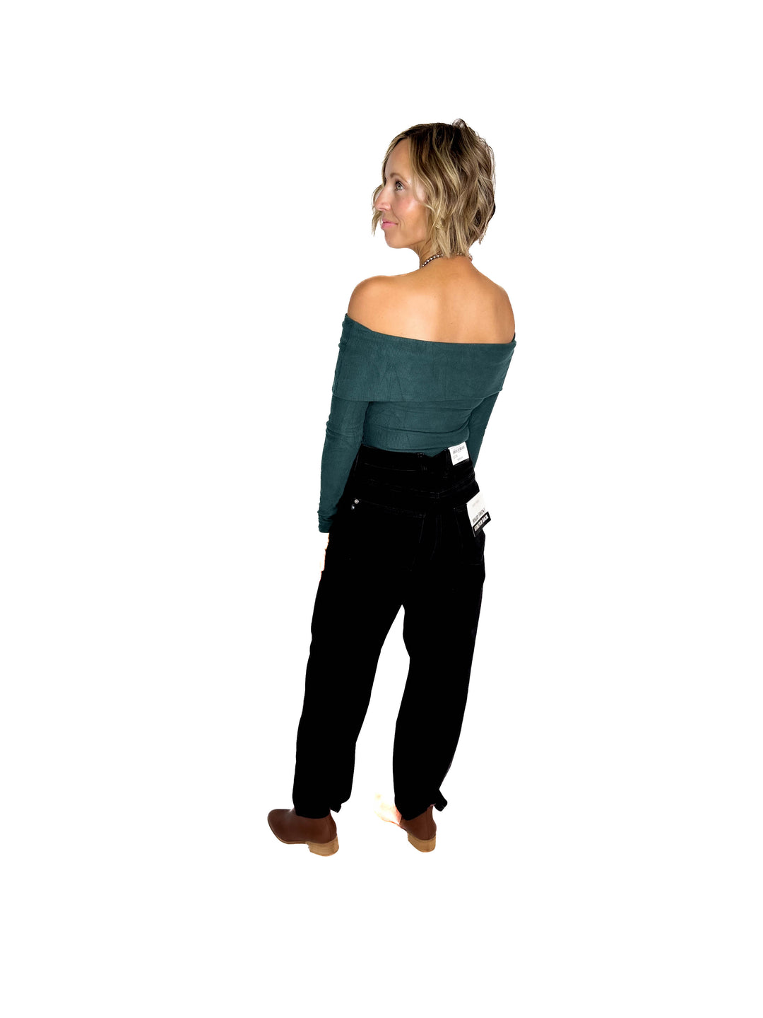 Cleo Off Shoulder Long Sleeve Bodysuit- GREEN