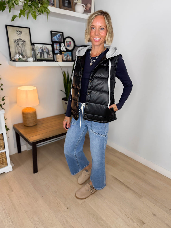 Pumpkin Patch Faux Leather Hoodie Vest- BLACK
