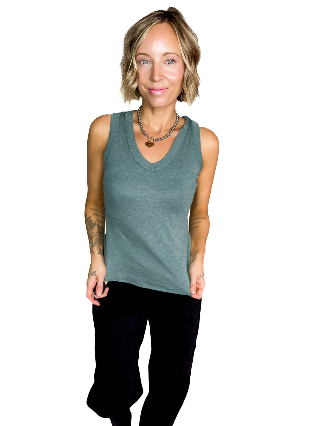 Cooper Cotton V-Neck Tank- EMERALD