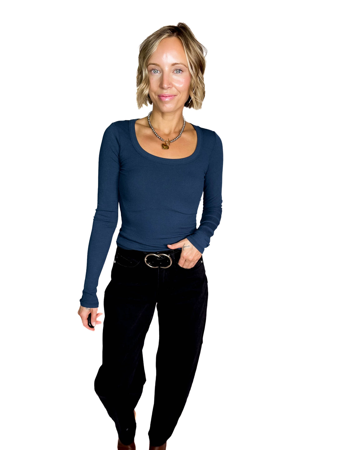 MONO B Linley Scoop Neck Long Sleeve- MIDNIGHT NAVY
