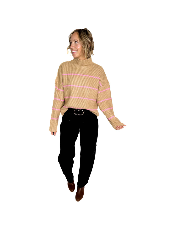 Juliet Mock Neck Ribbed Knit Sweater- TAUPE/PINK