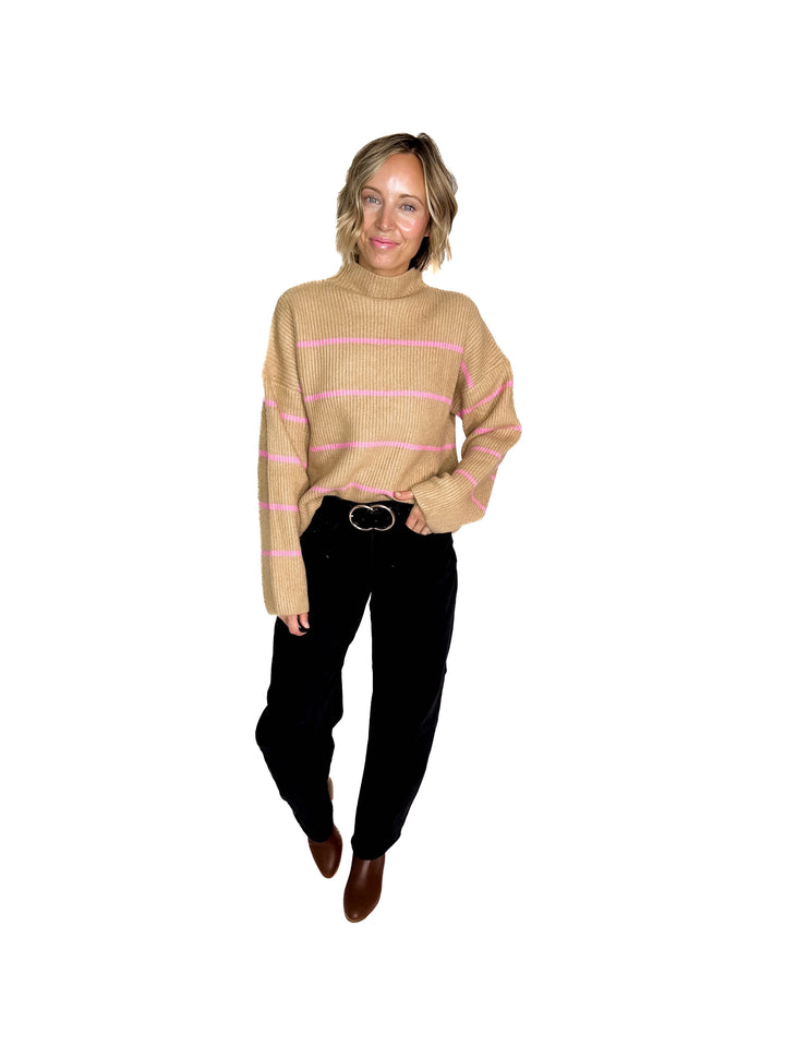 Juliet Mock Neck Ribbed Knit Sweater- TAUPE/PINK