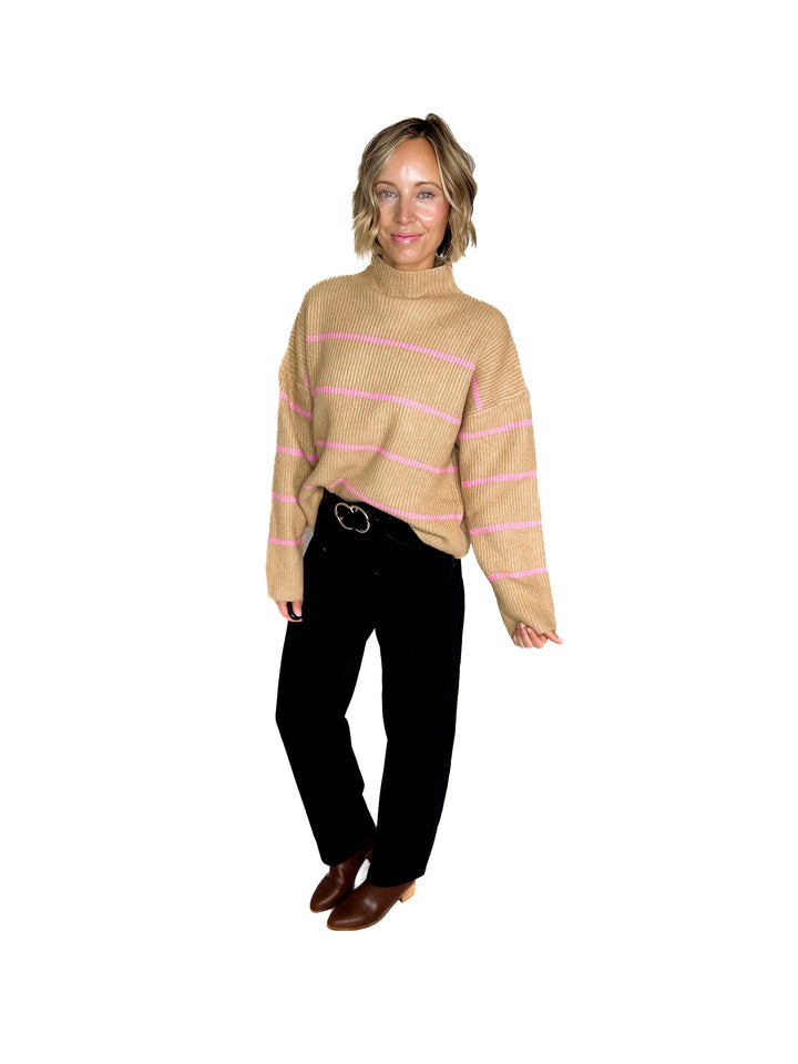 Juliet Mock Neck Ribbed Knit Sweater- TAUPE/PINK