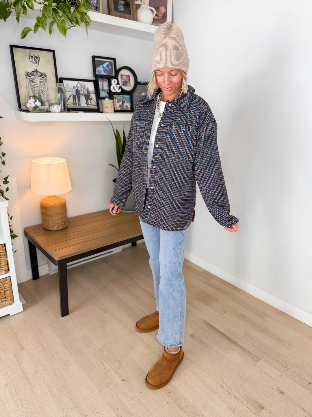 Cozywood Checker Print Puffer Shacket- TWILIGHT BLUE