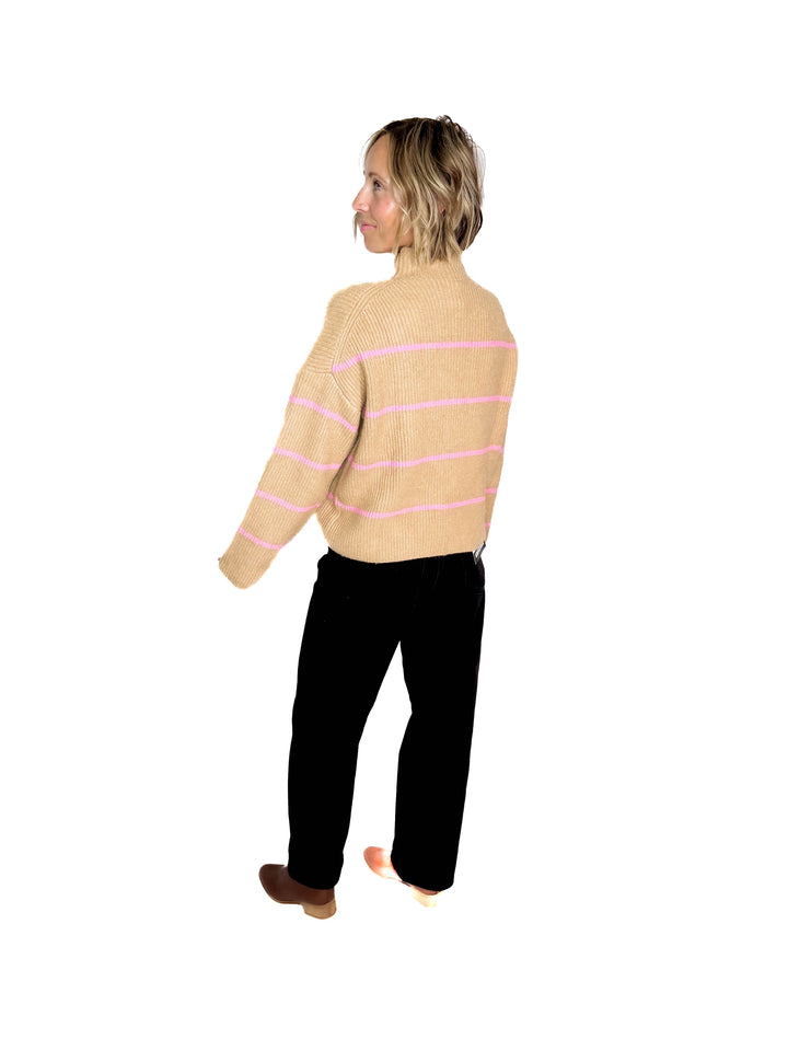 Juliet Mock Neck Ribbed Knit Sweater- TAUPE/PINK