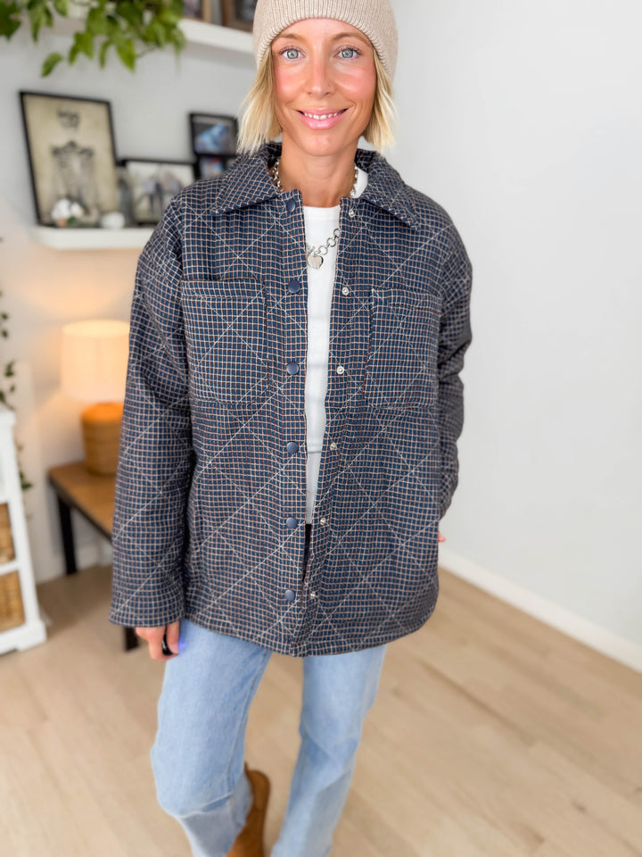 Cozywood Checker Print Puffer Shacket- TWILIGHT BLUE