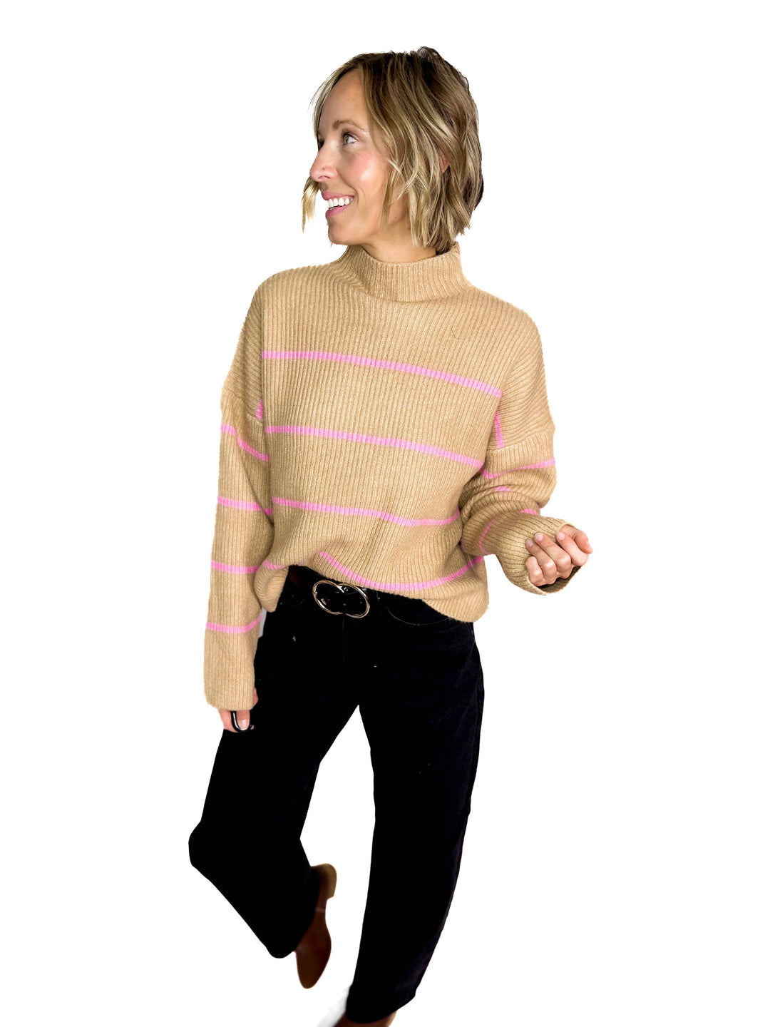 Juliet Mock Neck Ribbed Knit Sweater- TAUPE/PINK