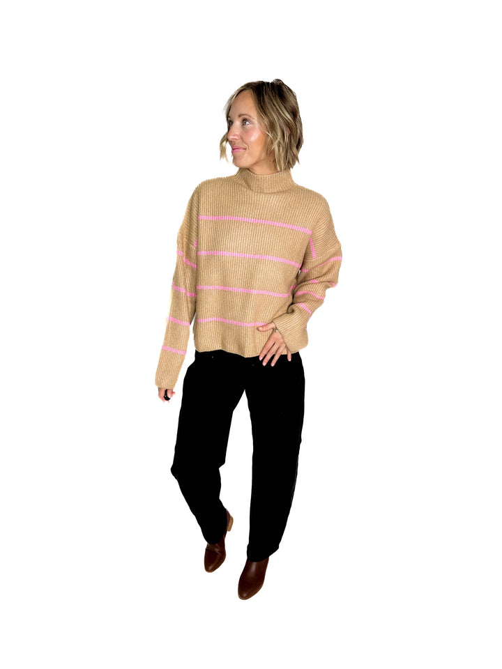 Juliet Mock Neck Ribbed Knit Sweater- TAUPE/PINK