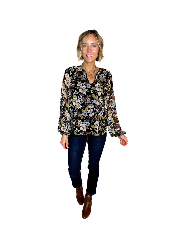Elora Notch Neck Long Sleeve Floral Top- BLACK/MULTI FLORAL