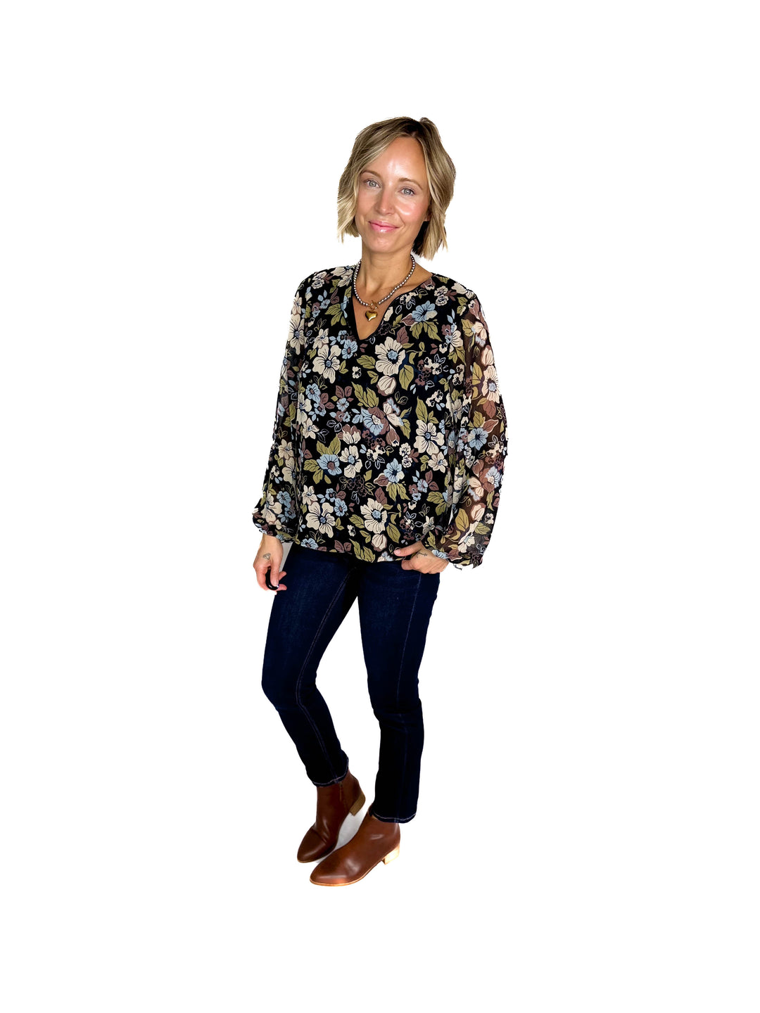 Elora Notch Neck Long Sleeve Floral Top- BLACK/MULTI FLORAL