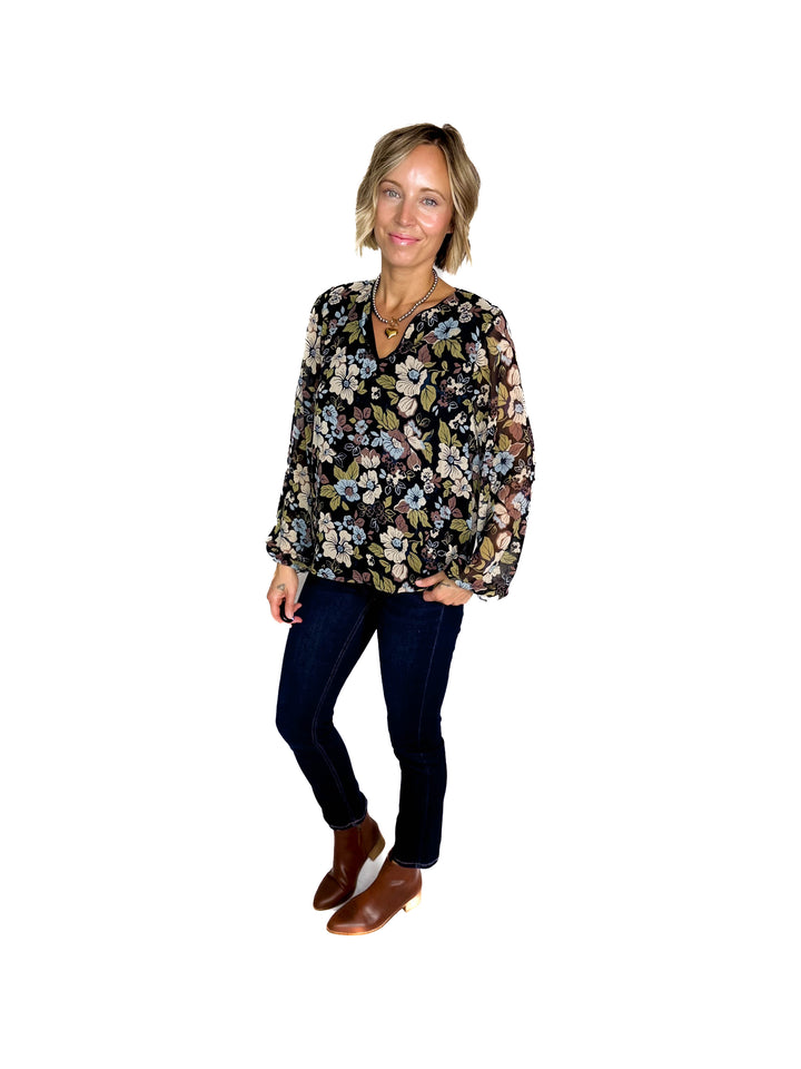 Elora Notch Neck Long Sleeve Floral Top- BLACK/MULTI FLORAL