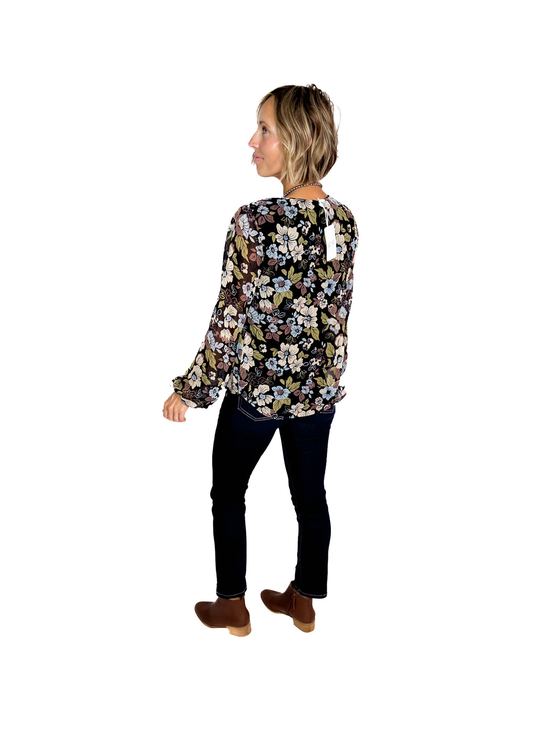 Elora Notch Neck Long Sleeve Floral Top- BLACK/MULTI FLORAL