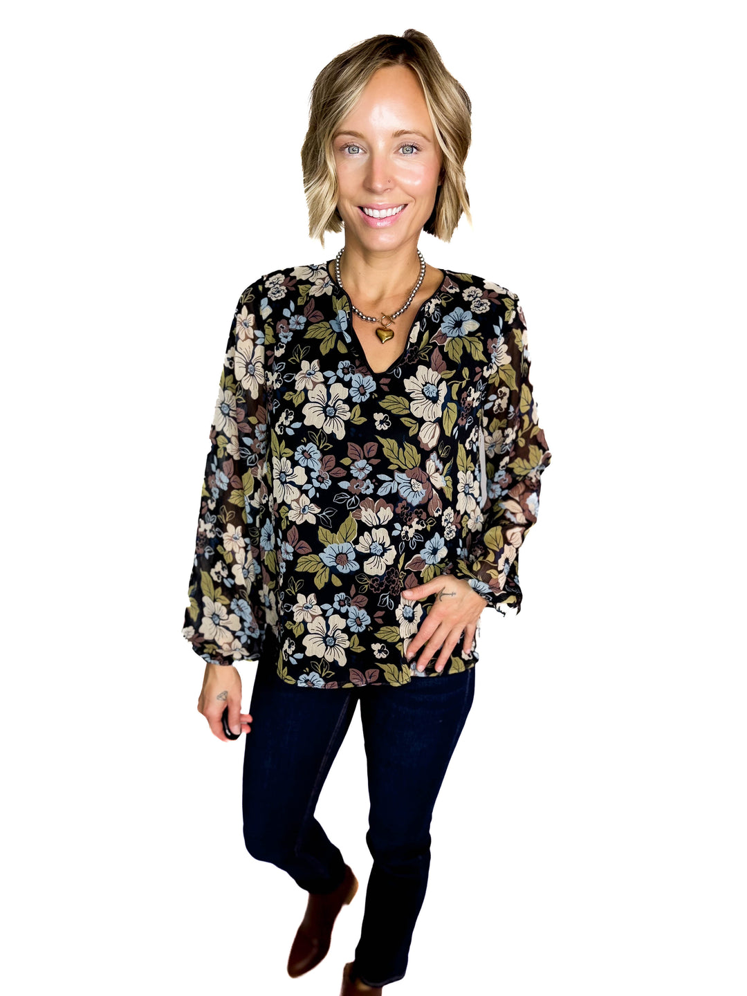 Elora Notch Neck Long Sleeve Floral Top- BLACK/MULTI FLORAL
