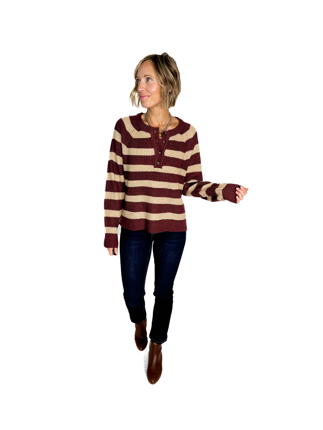 Golden Hour Waffle Henley Sweater- WINE-FINAL SALE