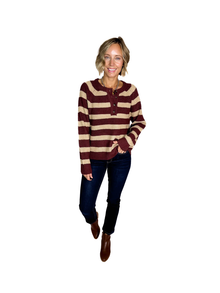 Golden Hour Waffle Henley Sweater- WINE-FINAL SALE