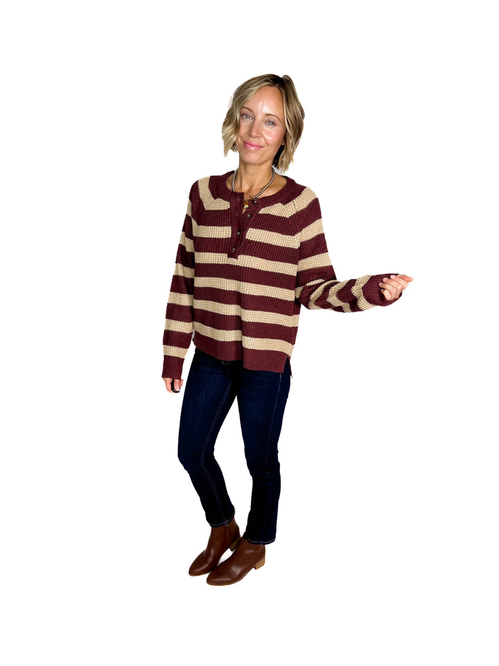 Golden Hour Waffle Henley Sweater- WINE-FINAL SALE
