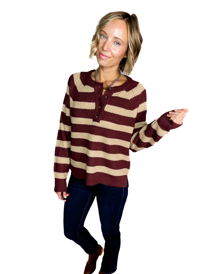 Golden Hour Waffle Henley Sweater- WINE-FINAL SALE