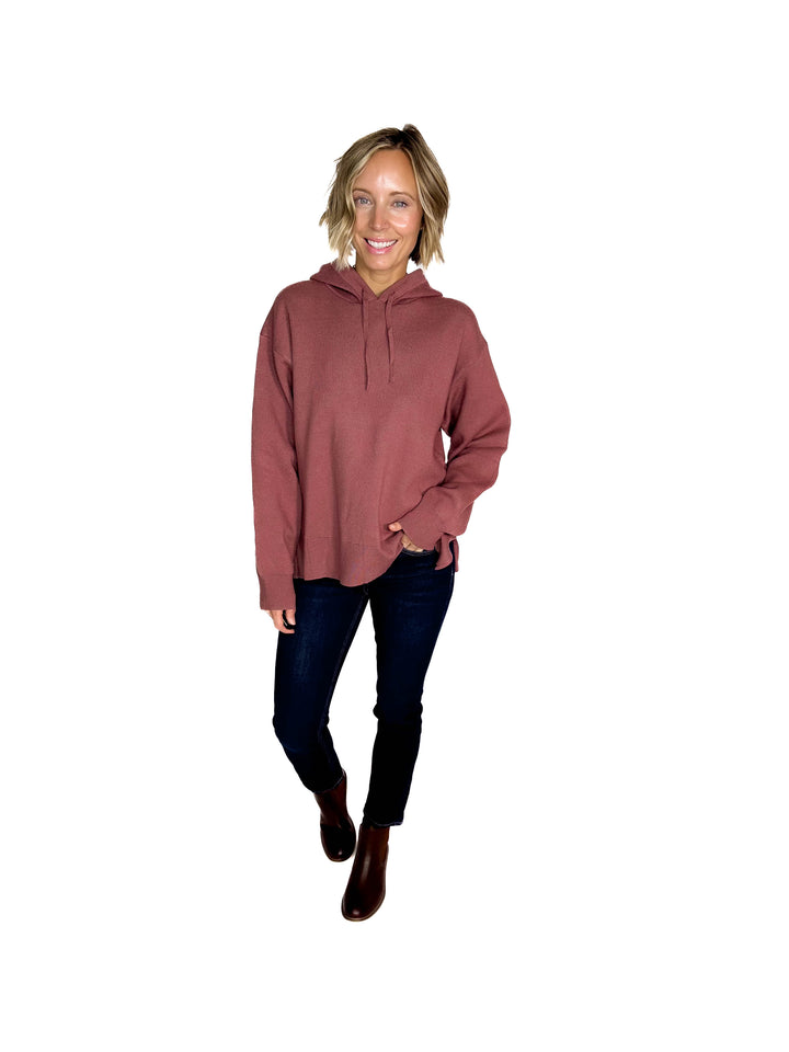 Dahlia Hooded Sweater With Side Slits- RED BEAN