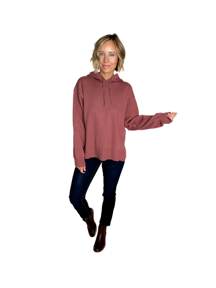 Dahlia Hooded Sweater With Side Slits- RED BEAN