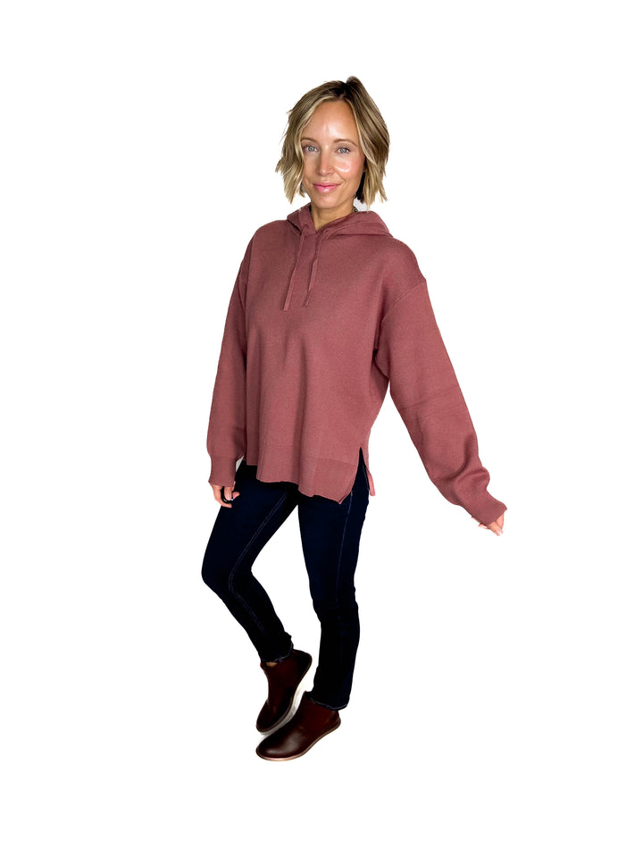 Dahlia Hooded Sweater With Side Slits- RED BEAN