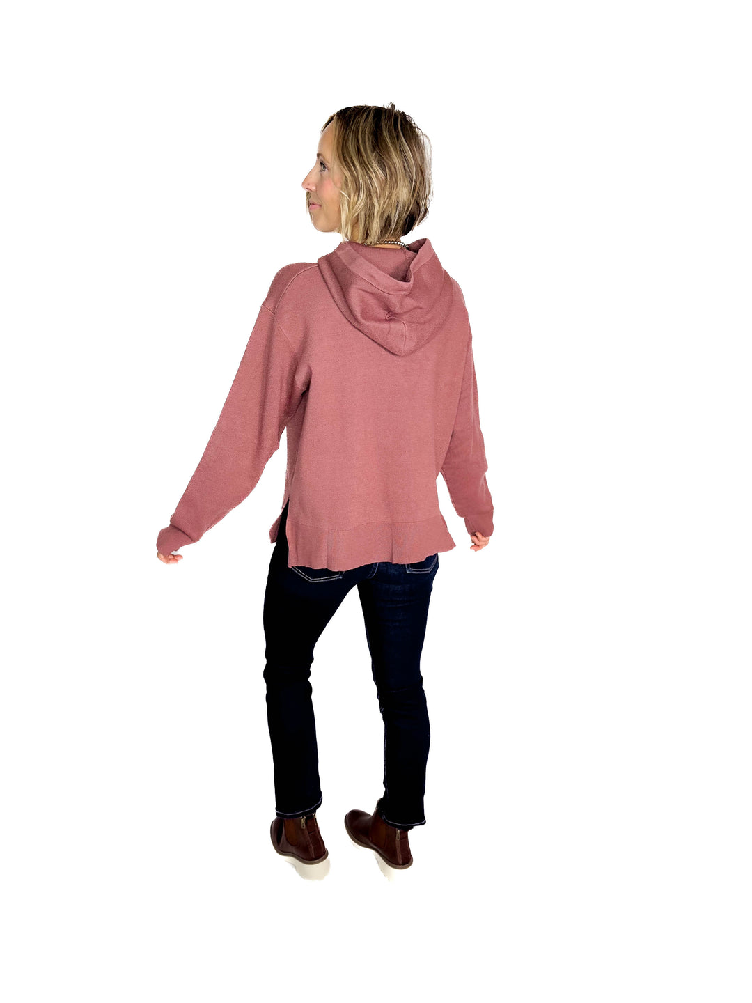 Dahlia Hooded Sweater With Side Slits- RED BEAN