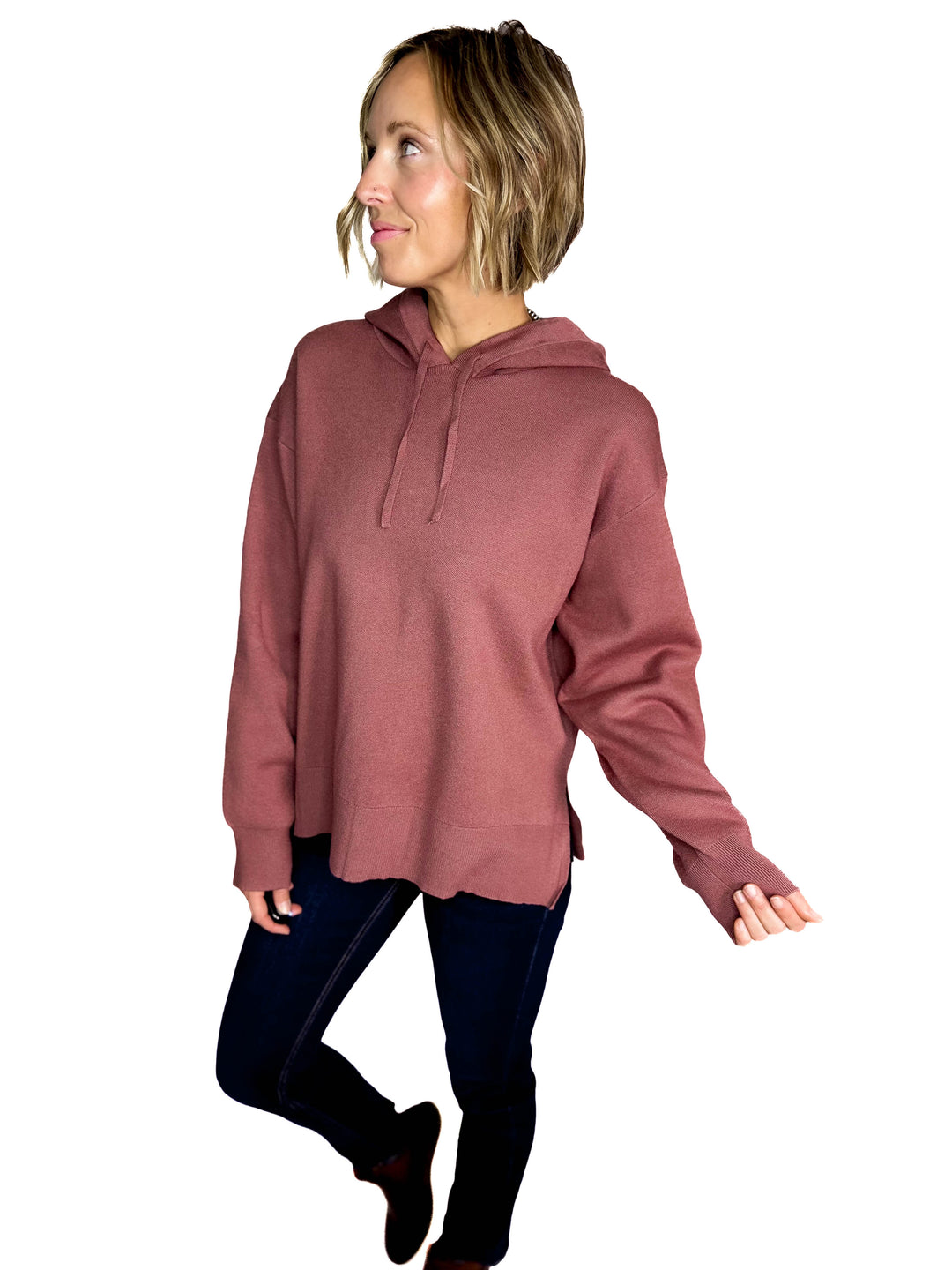 Dahlia Hooded Sweater With Side Slits- RED BEAN