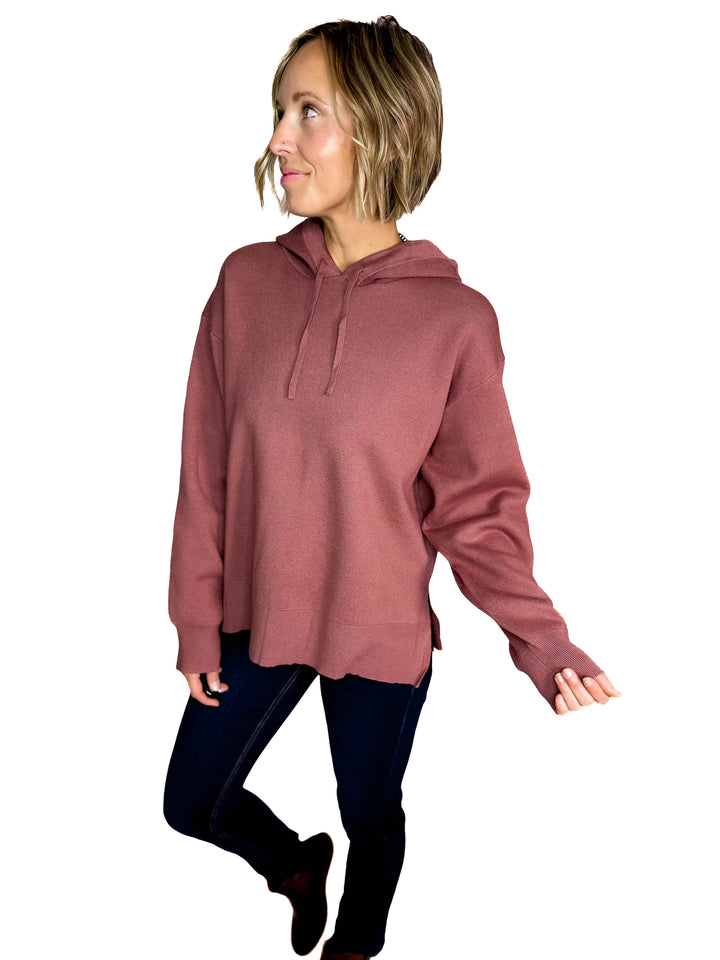Dahlia Hooded Sweater With Side Slits- RED BEAN