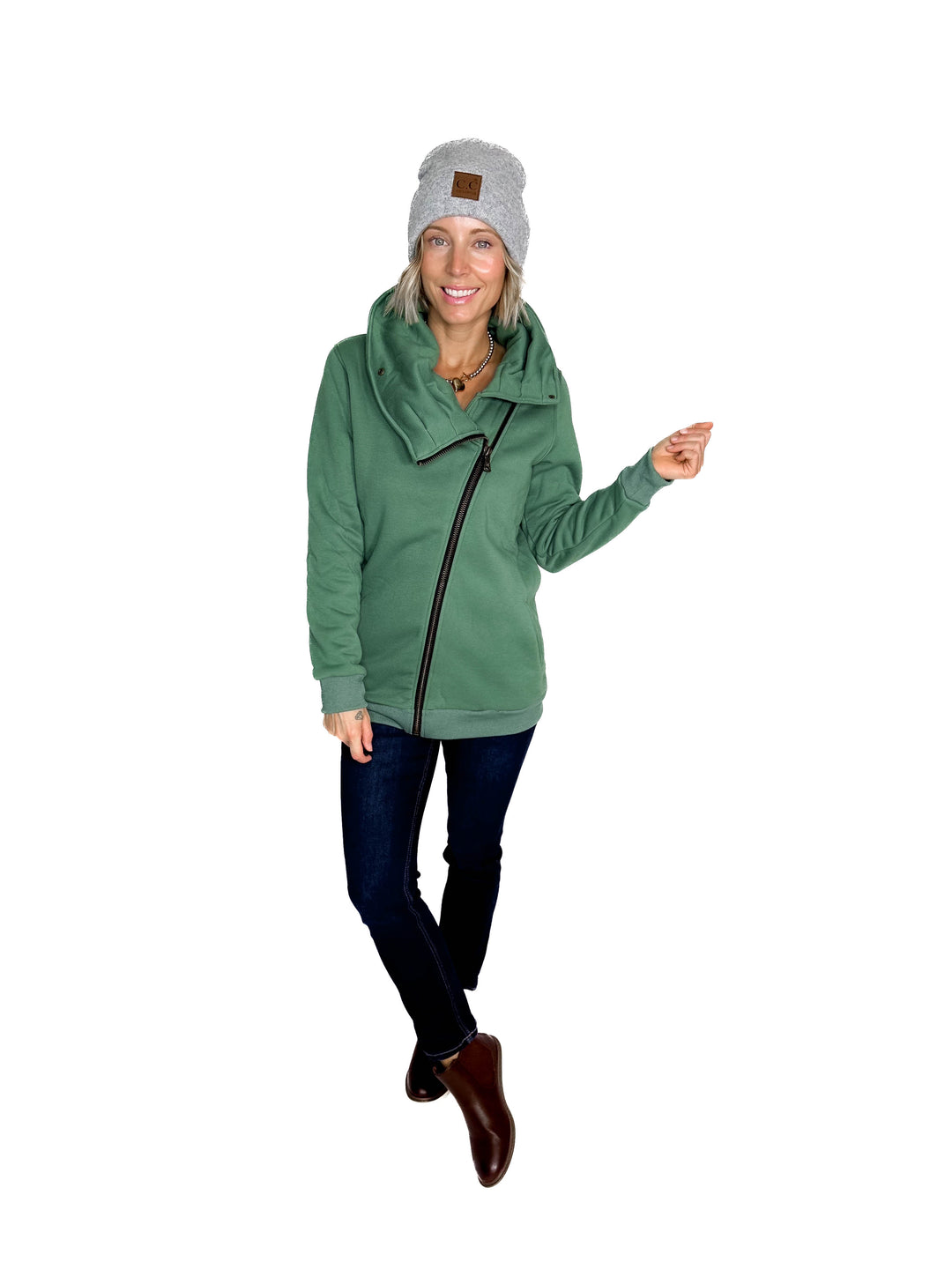 MICHELLE MAE Quinn Premium Cowl Neck Full Zip- FERN