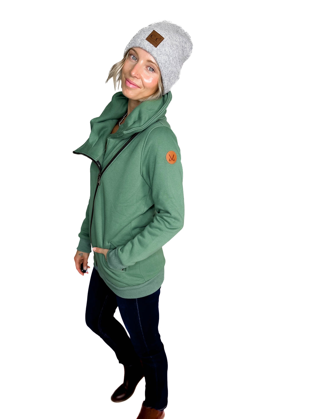 MICHELLE MAE Quinn Premium Cowl Neck Full Zip- FERN
