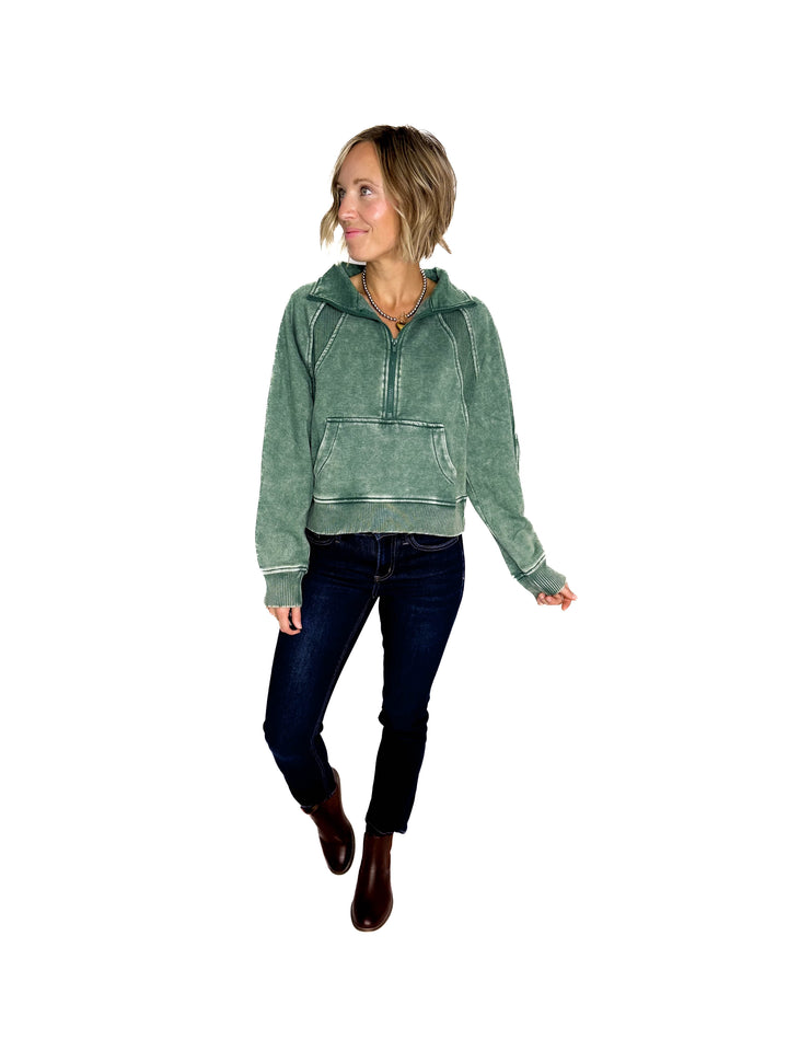 Cozy Hour Mock Neck 1/2 Zip- DARK GREEN