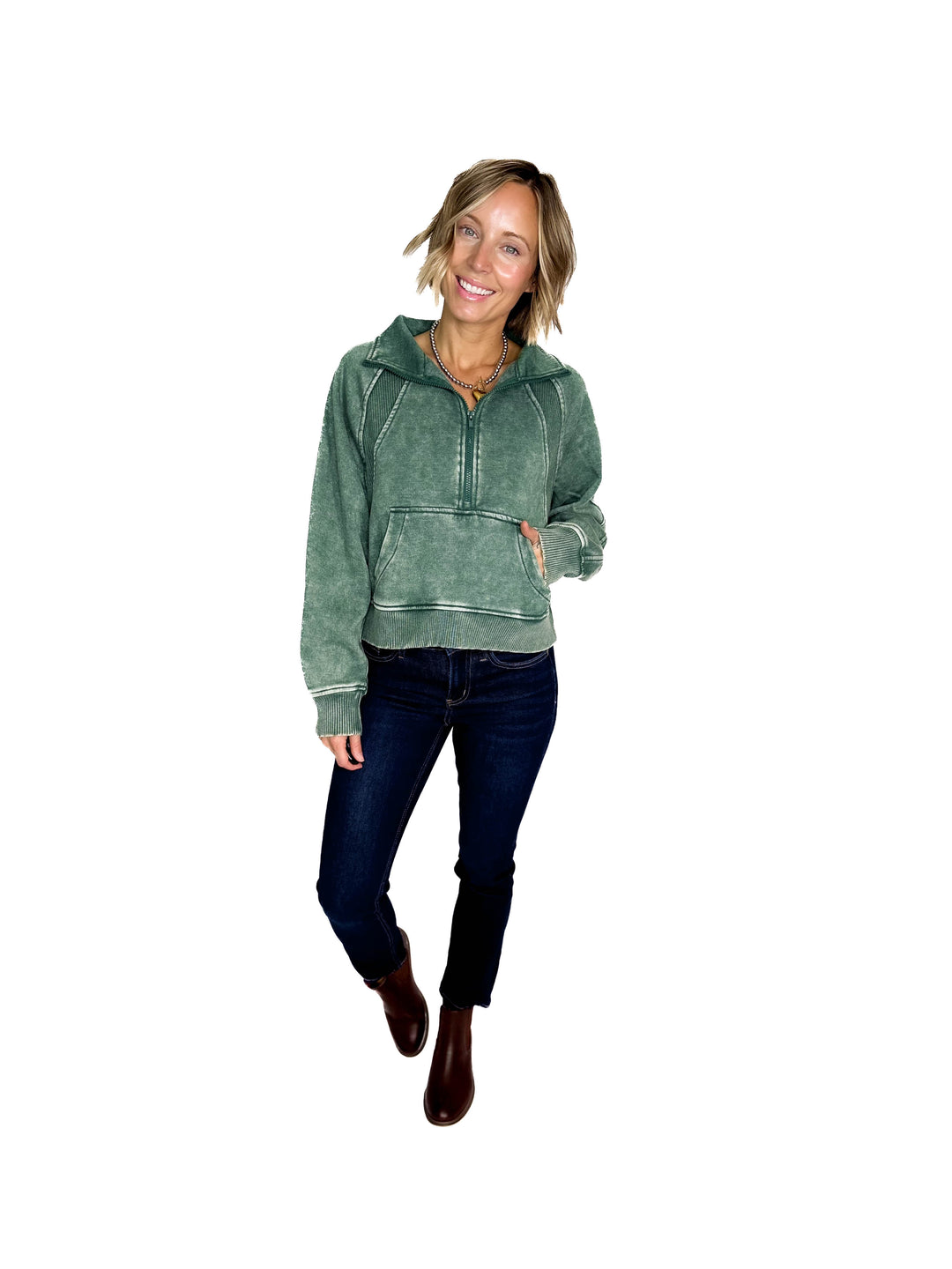 Cozy Hour Mock Neck 1/2 Zip- DARK GREEN