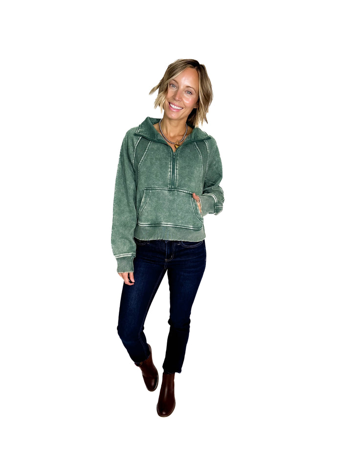 Cozy Hour Mock Neck 1/2 Zip- DARK GREEN