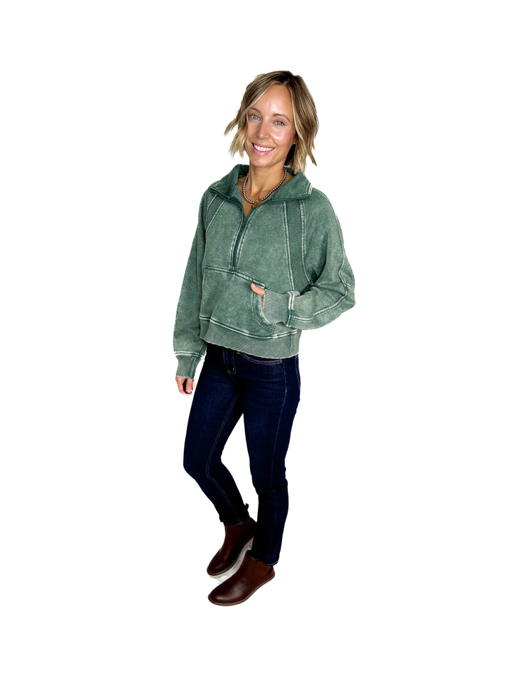 Cozy Hour Mock Neck 1/2 Zip- DARK GREEN