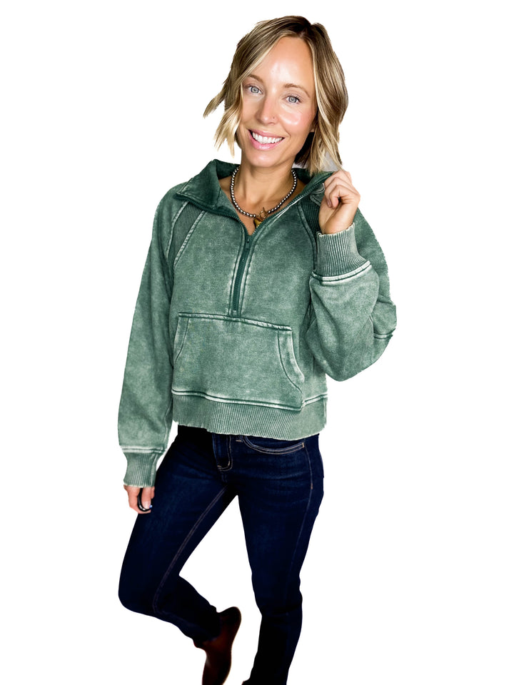 Cozy Hour Mock Neck 1/2 Zip- DARK GREEN