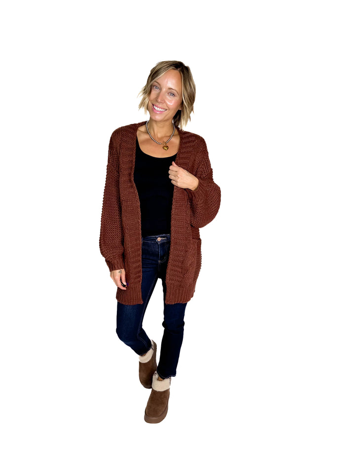 Velora Chunky Cable Knit  Cardigan- CHOCOLATE