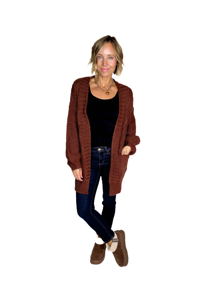 Velora Chunky Cable Knit  Cardigan- CHOCOLATE